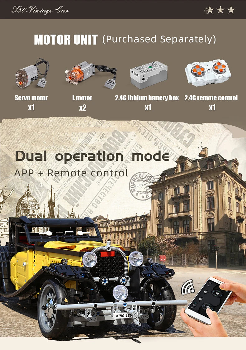 Technical 1:8 Vintage Car T50 Building Blocks