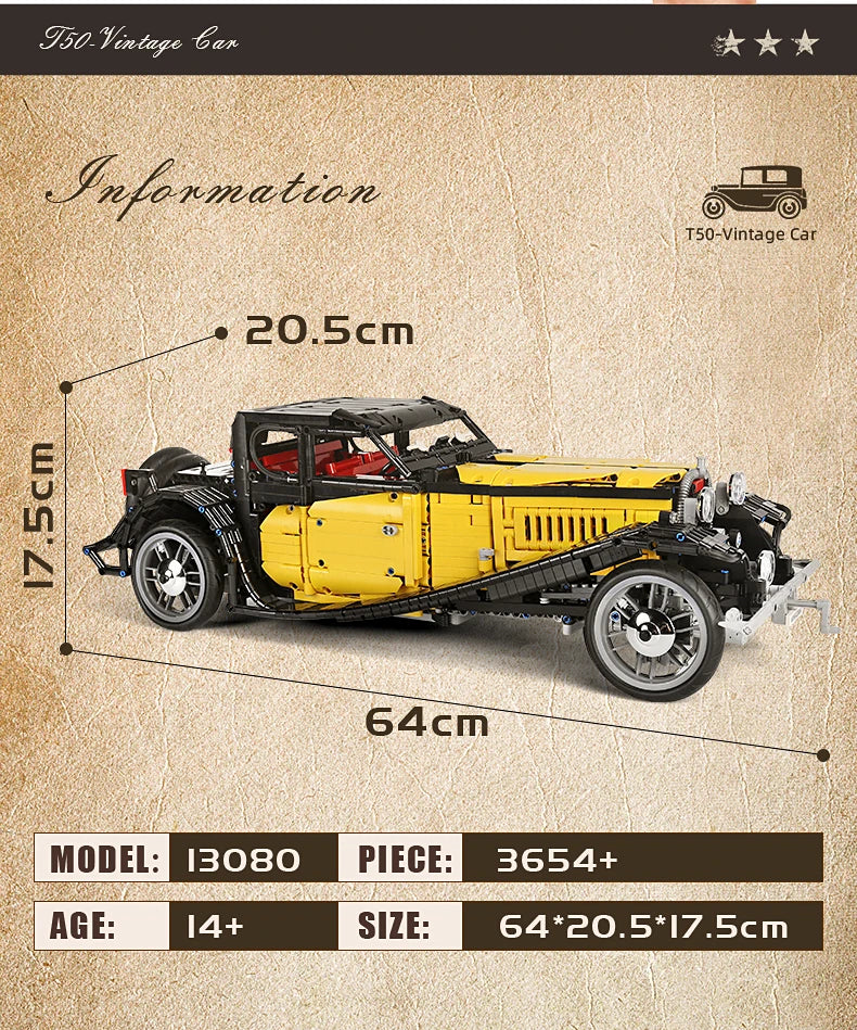 Technical 1:8 Vintage Car T50 Building Blocks