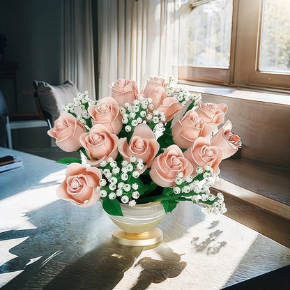 Pink Roses Romantic Flower Bouquet Building Blocks