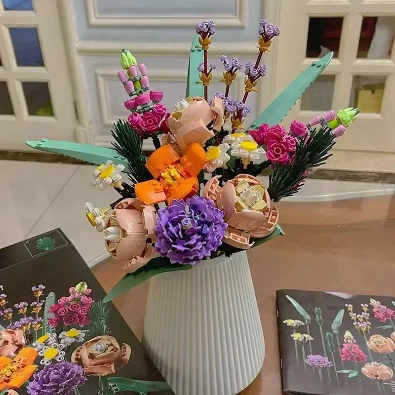 Romantic Rose Flower Bouquets Decorative Building Block
