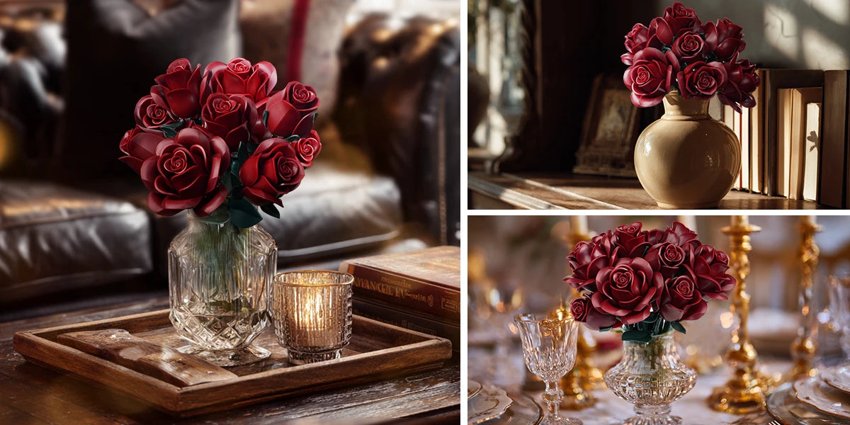 Burgundy Red Roses Building Set Block Bouquet Flowers