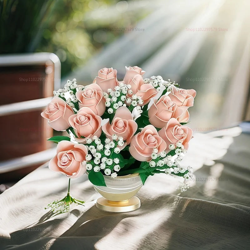 Pink Roses Romantic Flower Bouquet Building Blocks