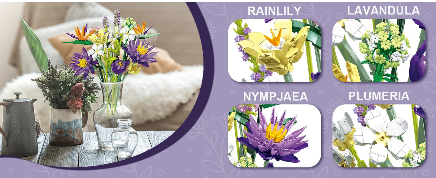 Romantic Violet Flower Bouquet Building Blocks