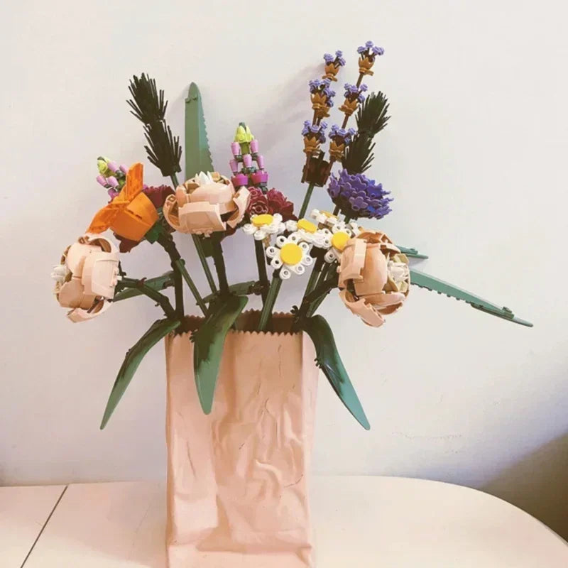 Romantic Rose Flower Bouquets Decorative Building Block