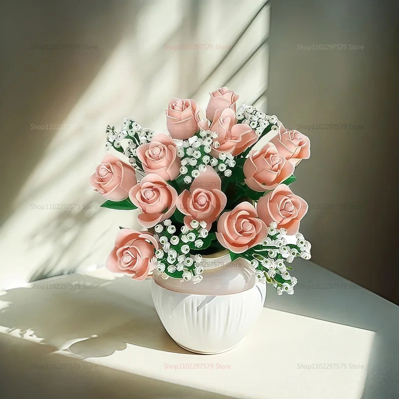 Pink Roses Romantic Flower Bouquet Building Blocks