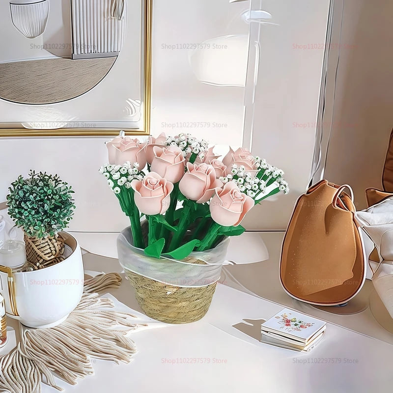 Pink Roses Romantic Flower Bouquet Building Blocks