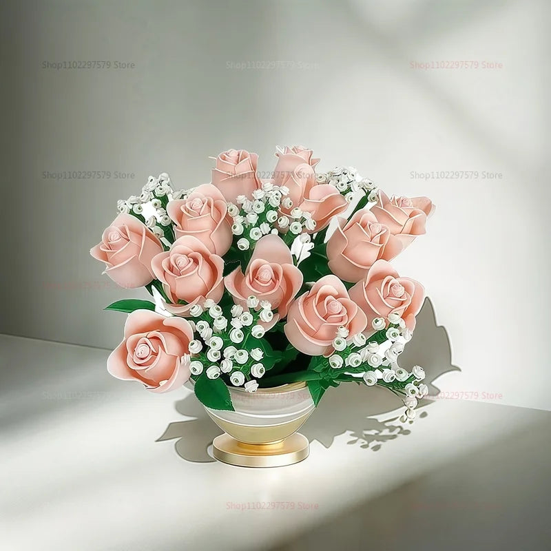 Pink Roses Romantic Flower Bouquet Building Blocks