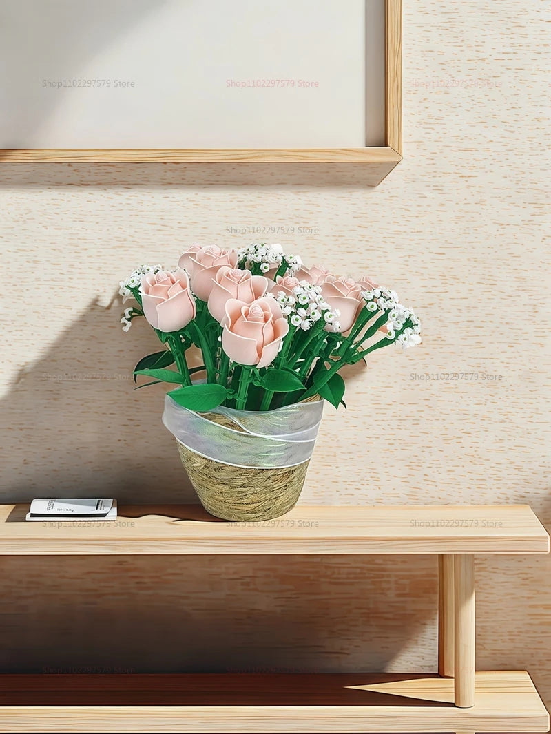 Pink Roses Romantic Flower Bouquet Building Blocks