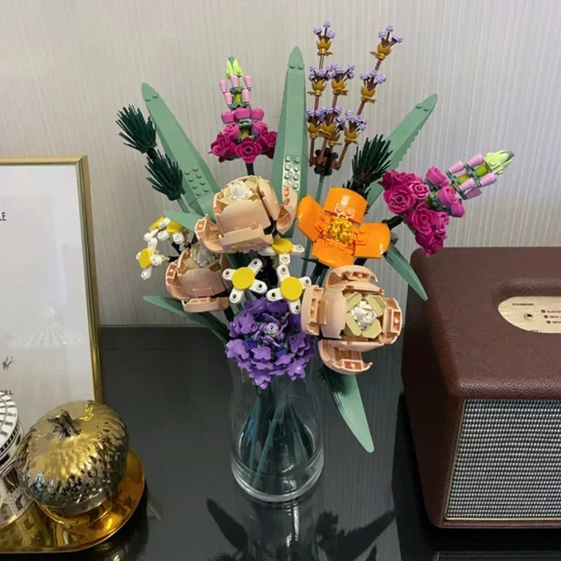 Romantic Rose Flower Bouquets Decorative Building Block